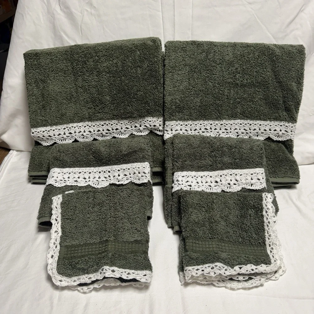 Vintage Spring Maid 6 Pc Towel Dark Green Set With Hand Crochet Accents - New